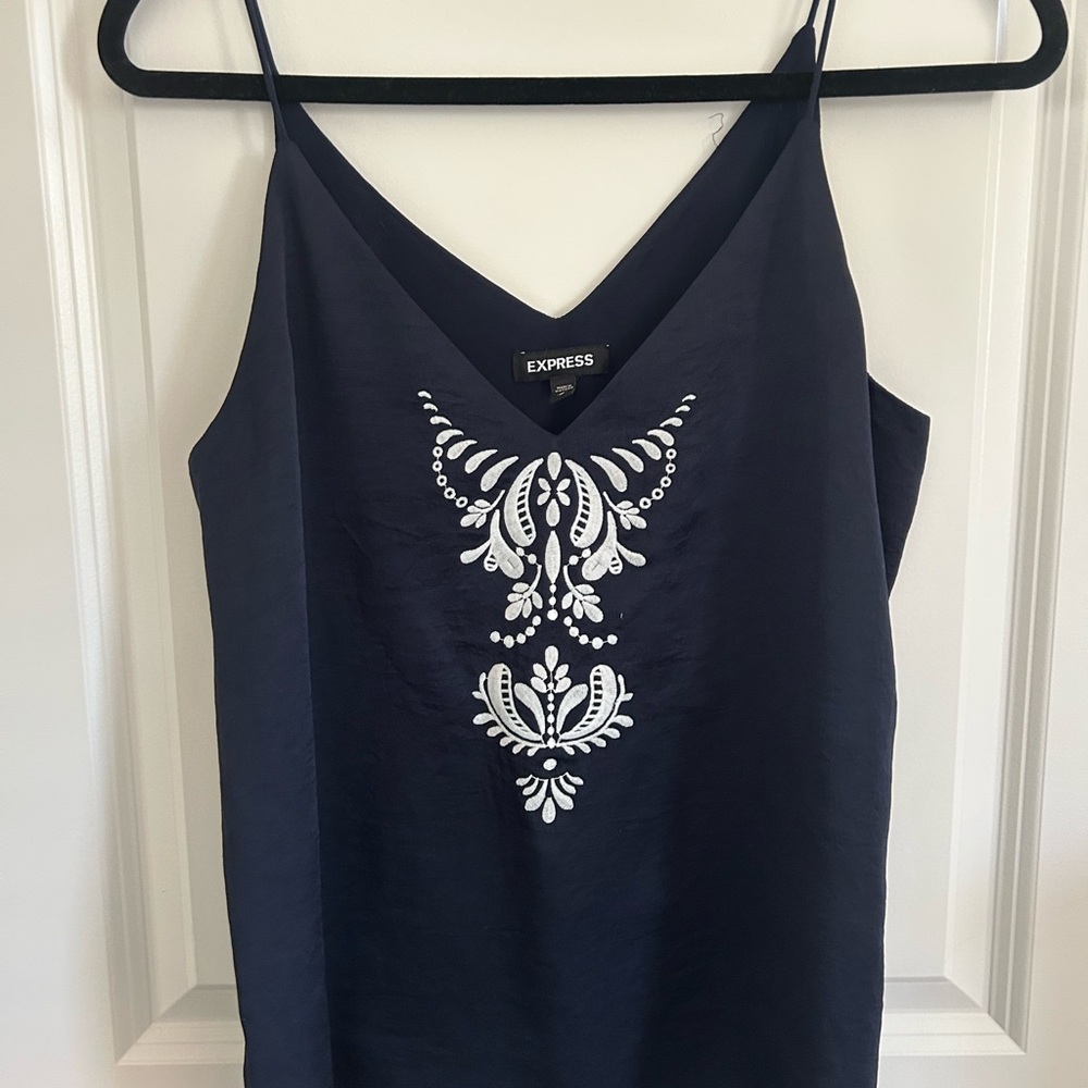 Express Navy Blue V-Neck Cami with White Embroidered Front